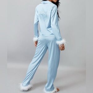 Nasty Gal Something Blue Embroidered Feather PJ Pants Set